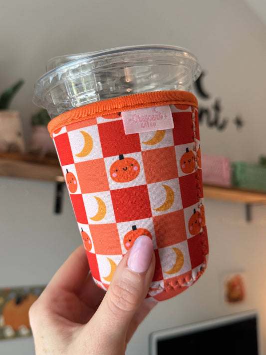 Halloween Pumpkin Checkered Spooky Iced Coffee Drink Sleeve