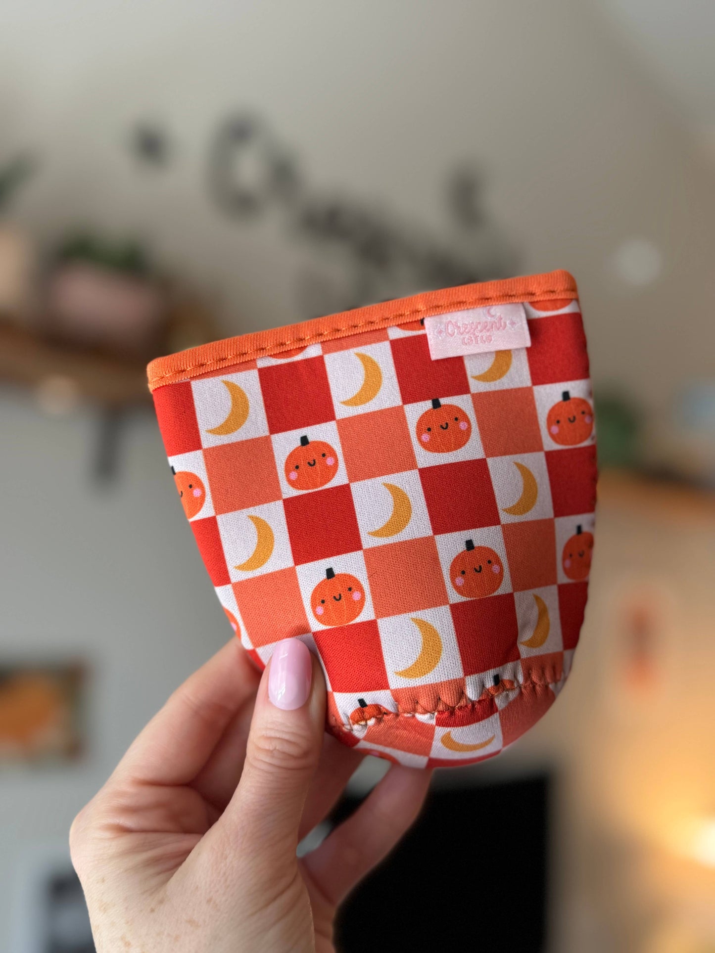 Halloween Pumpkin Checkered Spooky Iced Coffee Drink Sleeve